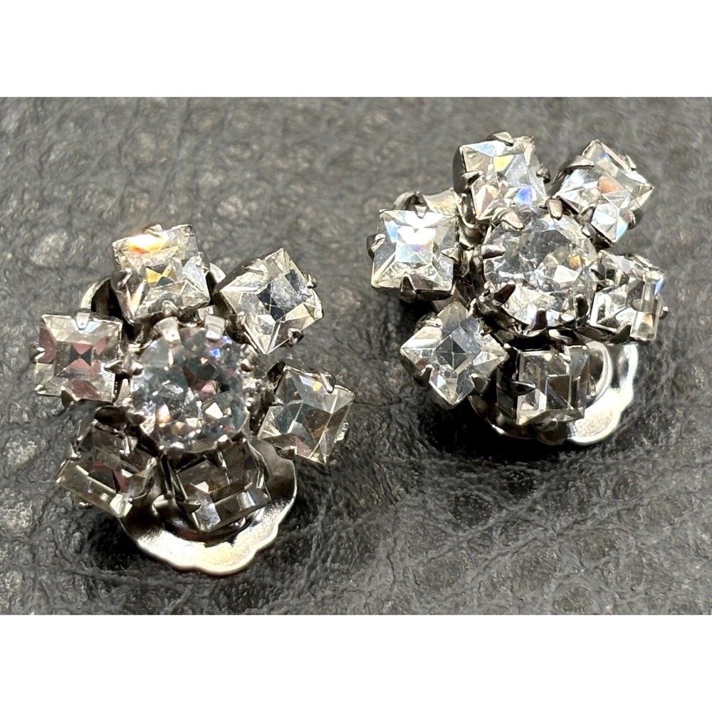 Vintage Signed Weiss Square Rhinestone Cluster Clip-On Earrings Silver Tone
